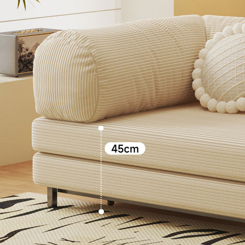 Beige corduroy choudhury two seater sofa bed with ribbed texture and rounded armrests and washable backrest