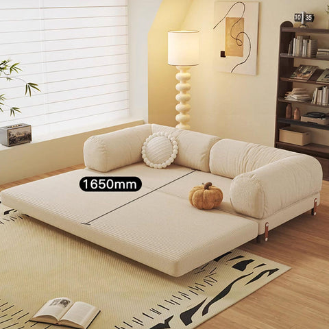 Cream-colored corduroy choudhury two seater sofa bed with plush rounded armrests and washable backrest