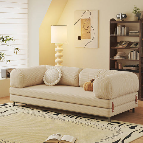 Cream-colored corduroy sofa bed with rounded armrests and washable backrest in a cozy modern two seater design