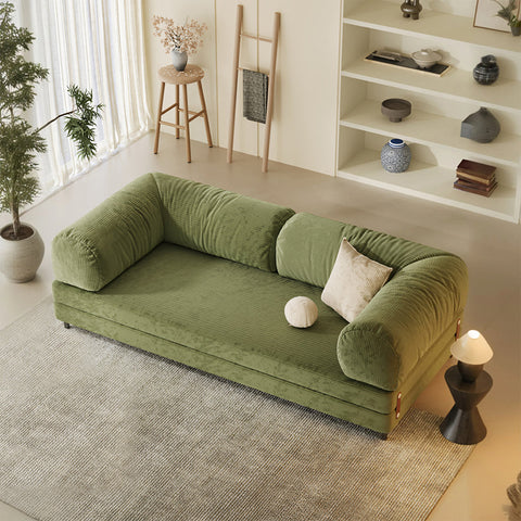 Olive green corduroy choudhury two seater sofa bed with plush rounded armrests and washable backrest fabric finish