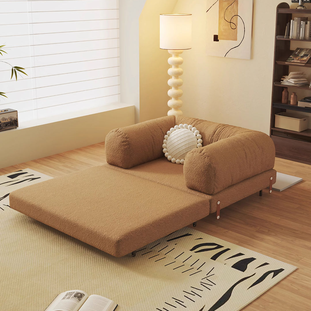 Tan upholstered choudhury two seater sofa bed with plush rounded armrests and soft corduroy fabric finish