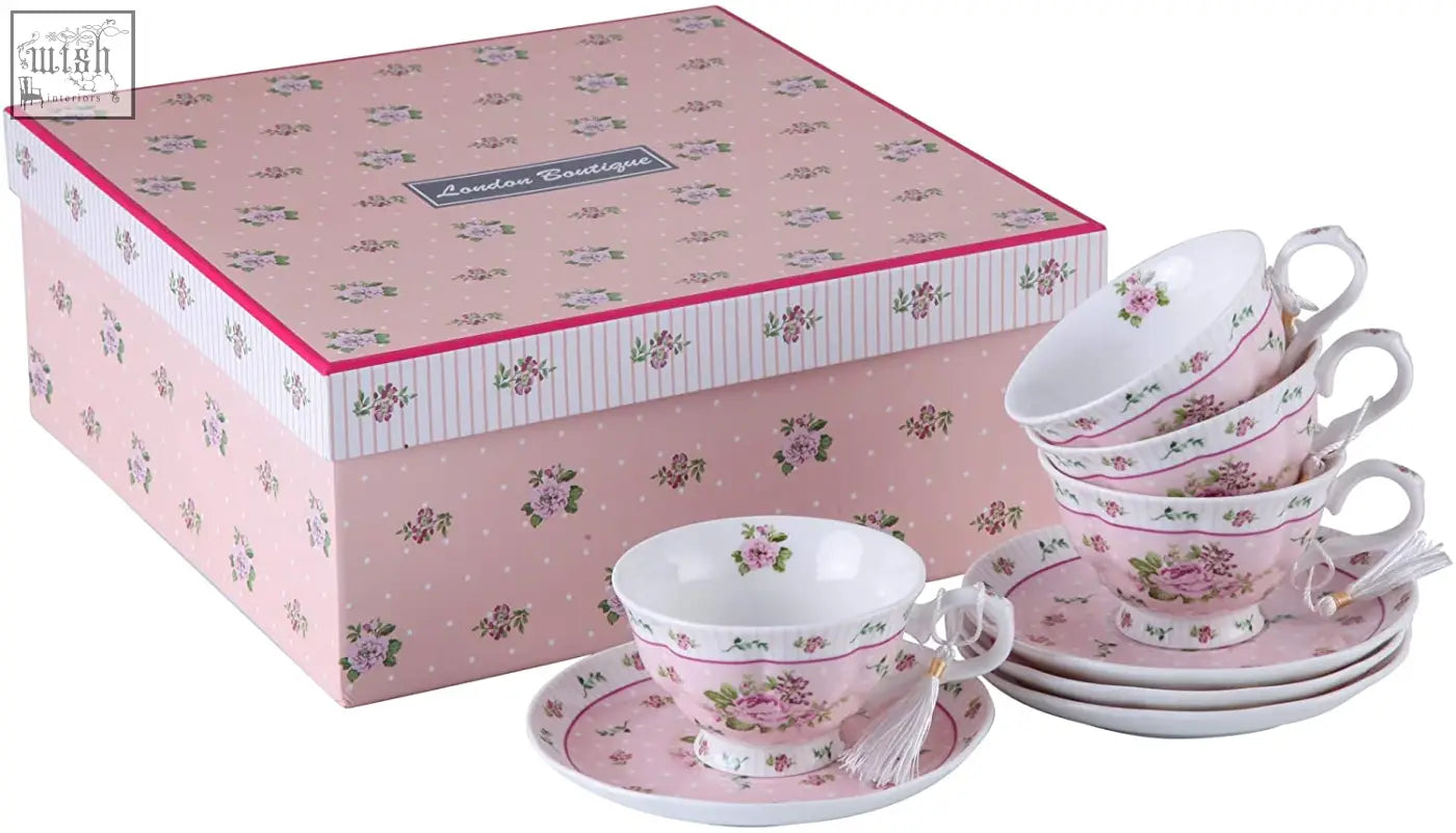 Pink rose porcelain teacup and saucer set in a gift box from Christmas New Year family party tier cake stand set with milk jug