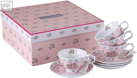 Pink rose porcelain teacup and saucer set in a gift box from Christmas New Year family party tier cake stand set with milk jug