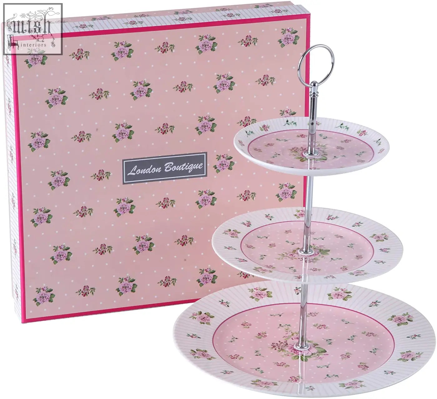 Pink rose tier cake stand with silver metal column and milk jug perfect for christmas new year family party set