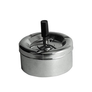 Shiny chrome effect medium spinning ashtray with a black central stem for easy ash disposal