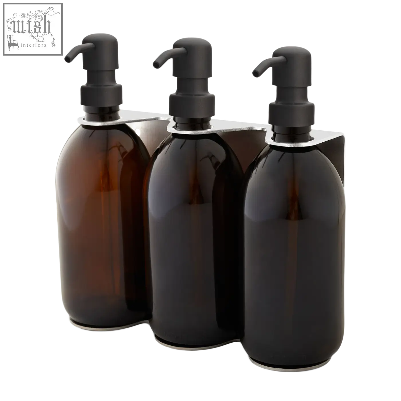 Set of three chrome triple wall mounted soap dispensers with amber bottle colour and matte black pump finish