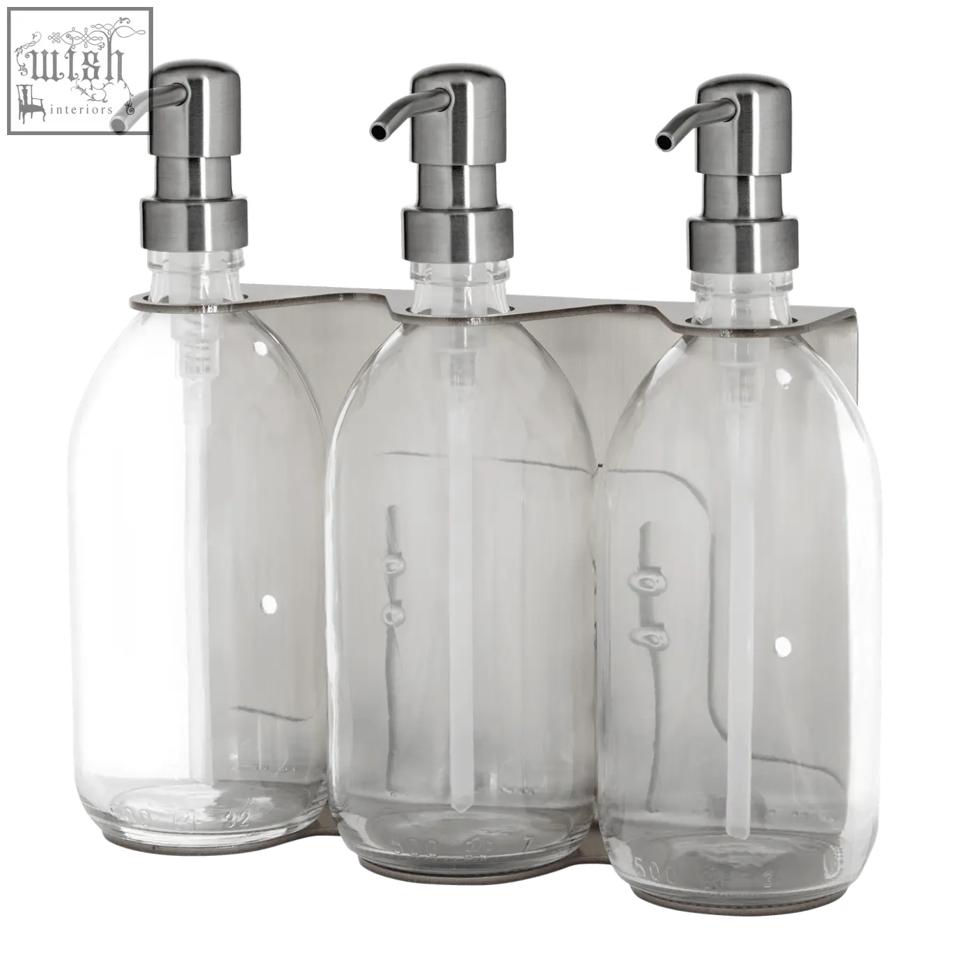Set of three clear glass soap dispensers with chrome triple pump finish and silver-tone wall mounted design bottle colour clear
