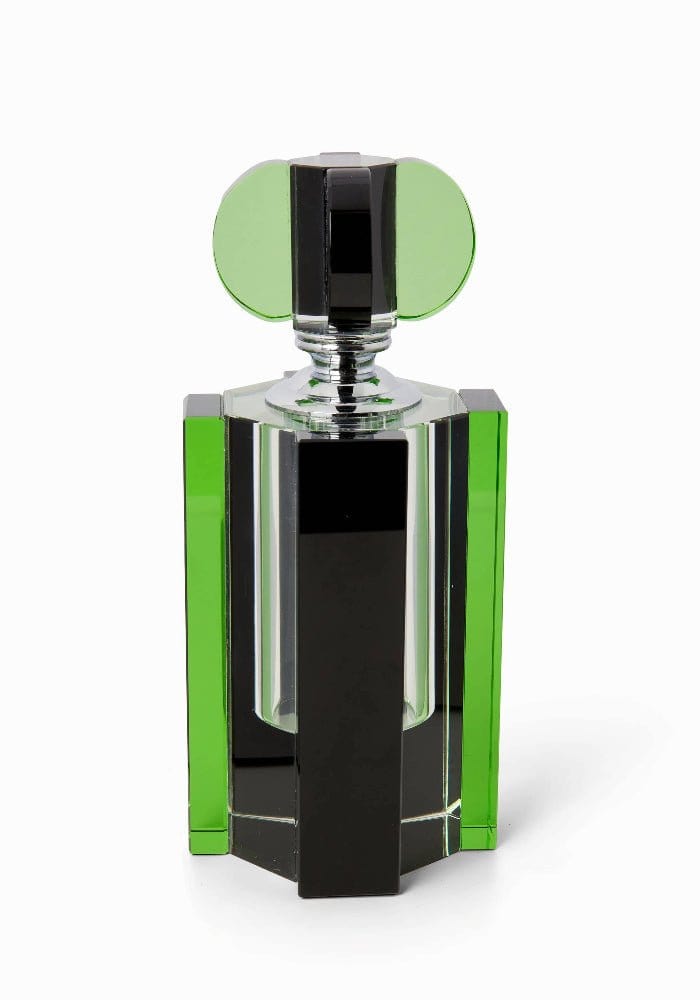 A sleek large chrysler building scent bottle with a geometric black and green acrylic body and cap