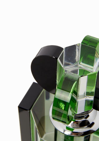 Green faceted crystal perfume bottle with black cap and metallic base from chrysler building scent bottle small collection