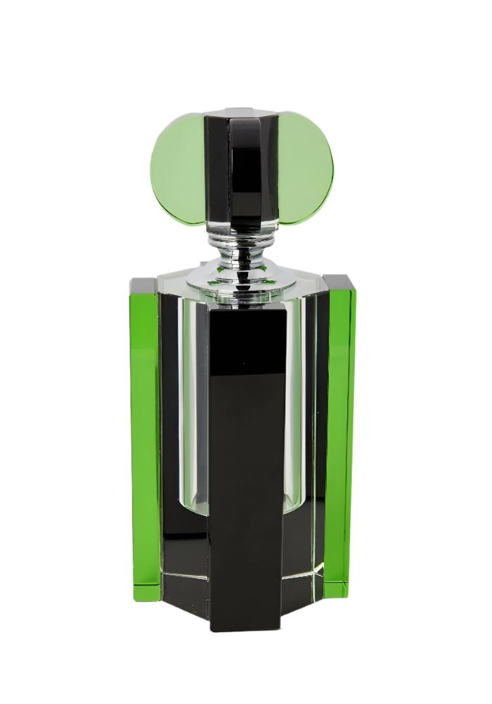 A sleek chrysler building scent bottle small with black and vibrant green acrylic body accented by chrome detailing