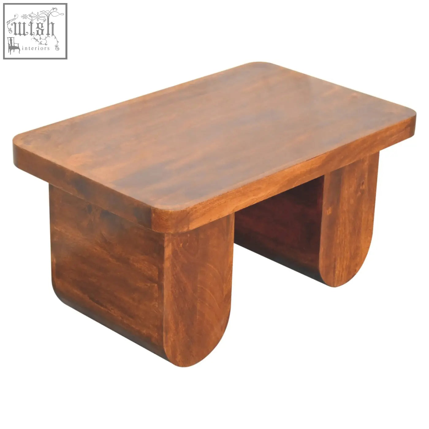 A chunky chestnut coffee table with a sleek minimalist design, rich brown wood, and curved legs for your living room