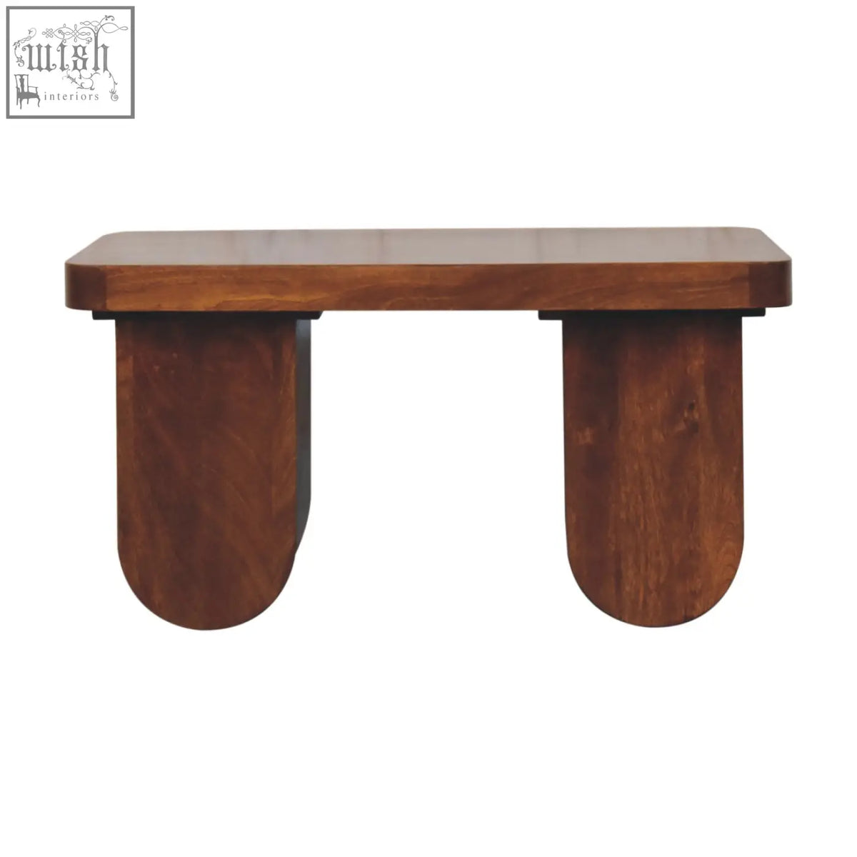 A sleek chunky chestnut coffee table with rich brown wood and curved legs perfect for your living room