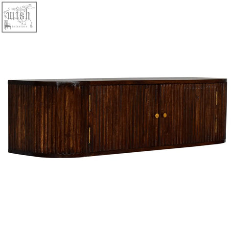 Dark brown bamboo veneer chunky chestnut wall mounted console with gold knobs and vertical slats in mango wood