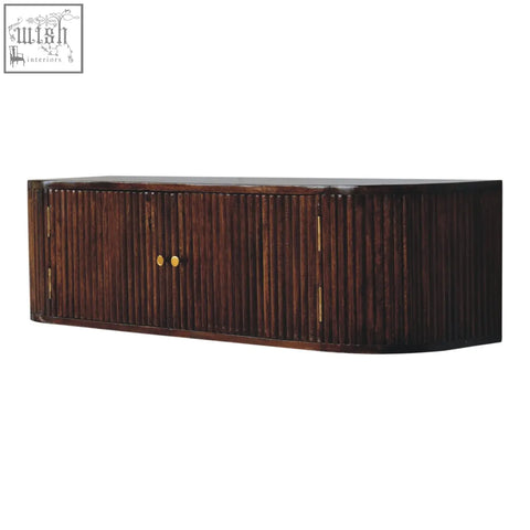 Dark brown chunky chestnut wall mounted console chest of drawers in mango wood with gold knobs and brass hinges