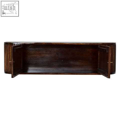 Dark brown chunky chestnut wall mounted console with vertical grooves and open doors showing empty mango wood interior