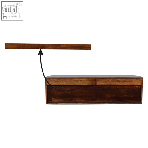 Dark brown mango wood chunky chestnut wall mounted console with floating shelf and matching drawer unit below