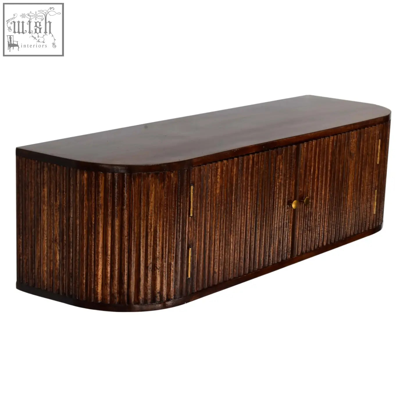 Dark brown chunky chestnut wall mounted console chest of drawers with vertical slats and brass hardware in mango wood