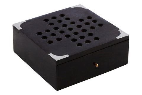 Black sheesham wood solitaire games box with silver metal corners gold latch and perforated top by churchill games