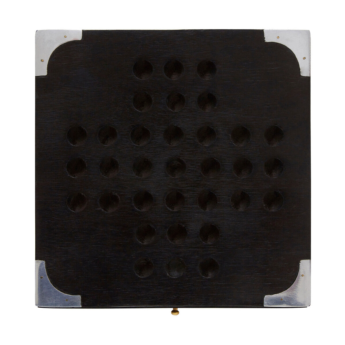 Black sheesham wood solitaire game board with silver metal corners and circular hole grid by churchill games