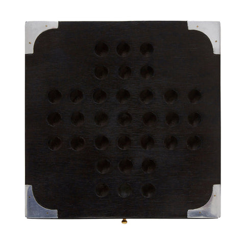 Black sheesham wood solitaire game board with silver metal corners and circular hole grid by churchill games