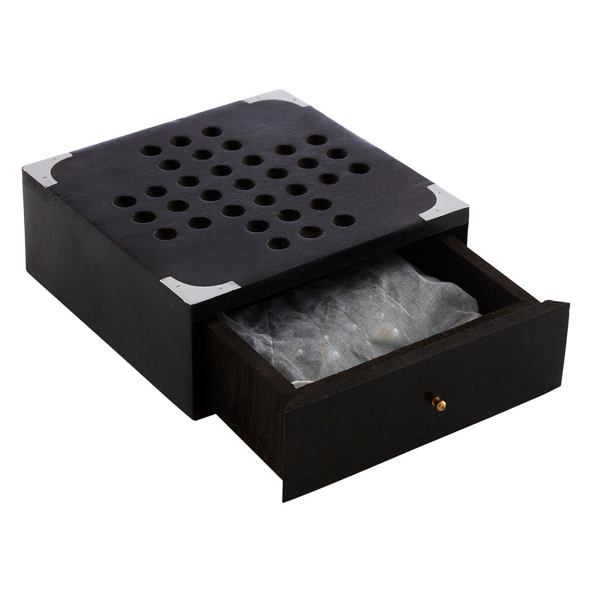 Black sheesham wood solitaire games box by churchill games with silver accents and pull-out drawer of glass beads