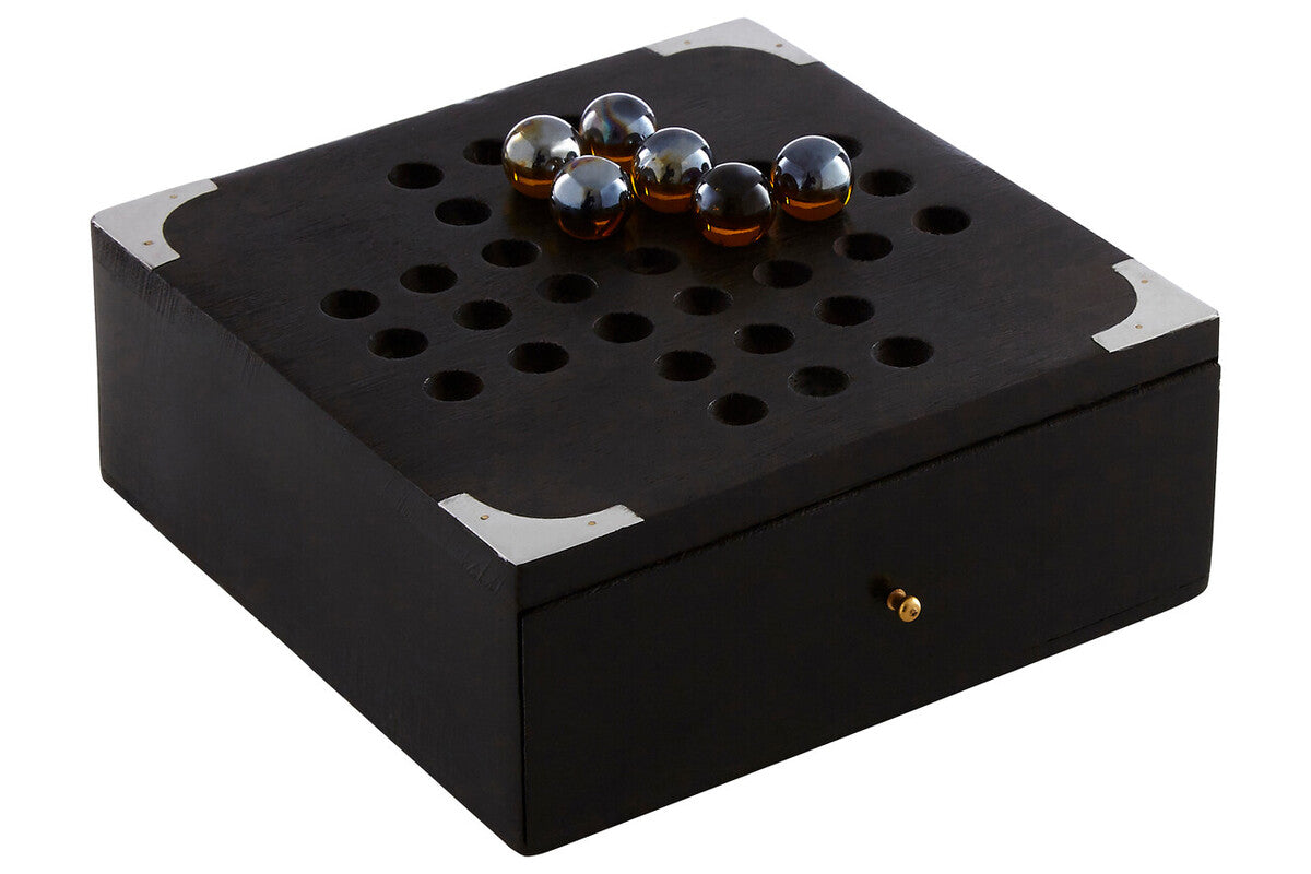 Black sheesham wood solitaire games box with silver corners gold latch and glass marbles on a grid top by churchill games