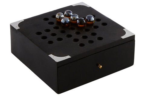 Black sheesham wood solitaire games box with silver corners gold latch and glass marbles on a grid top by churchill games