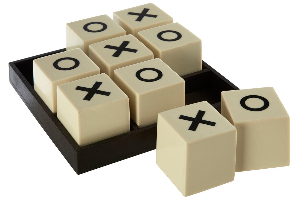 Cream-colored crosses game set with four x pieces and five o pieces on square cubes in a dark wooden tray by churchill games