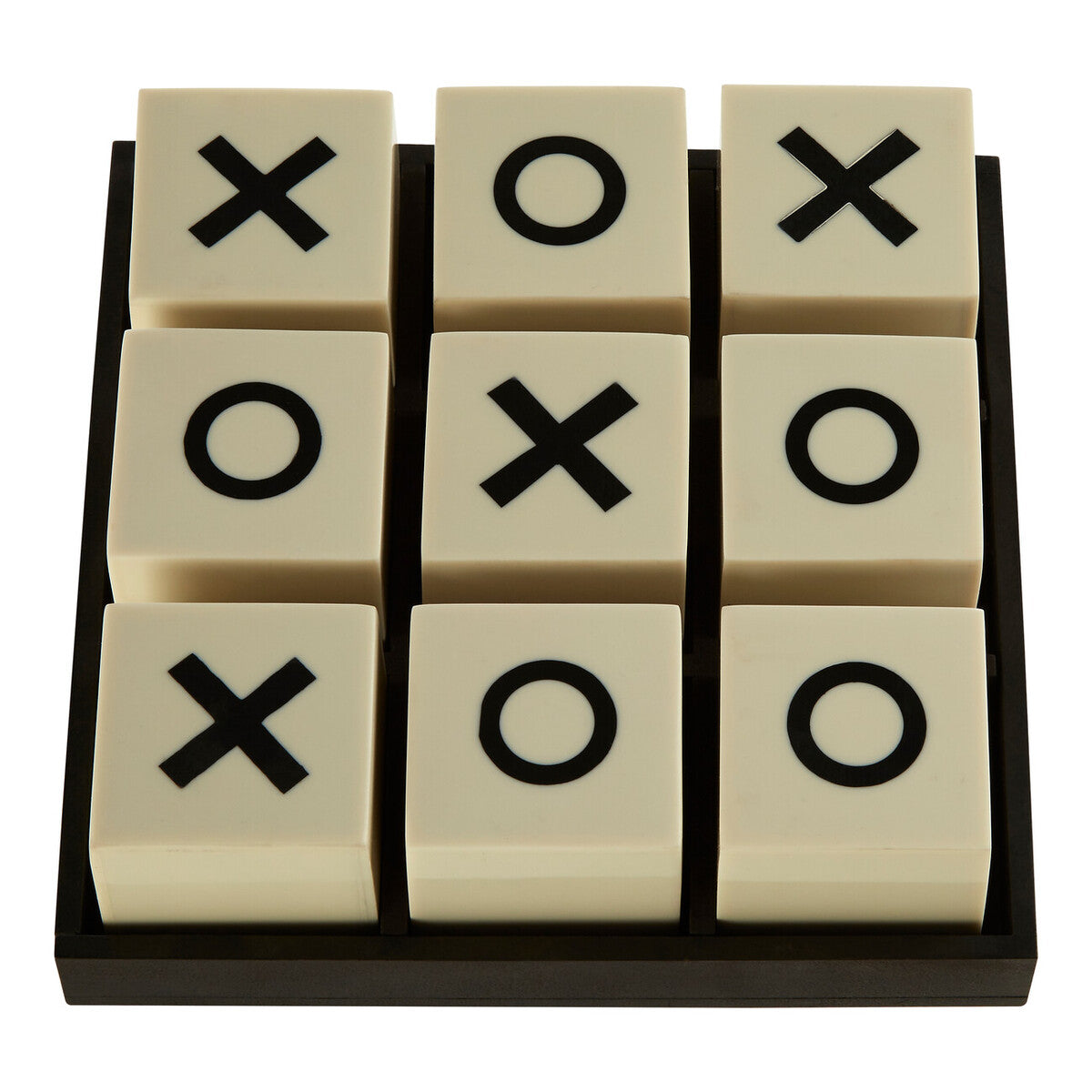 Cream-colored small white and black noughts and crosses game with four x pieces five o pieces in dark wooden tray
