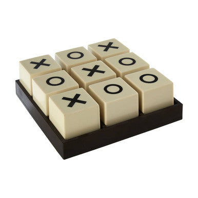 Cream-colored noughts and crosses game with four x pieces five o pieces on black base in dark wooden tray by churchill games