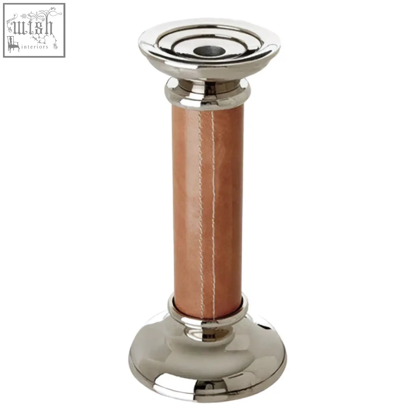 Churchill genuine tan leather large candle holder with sleek silver base and tan leather wrapped column