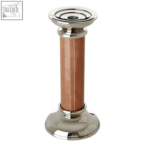 Churchill genuine tan leather large candle holder with sleek silver base and tan leather wrapped column