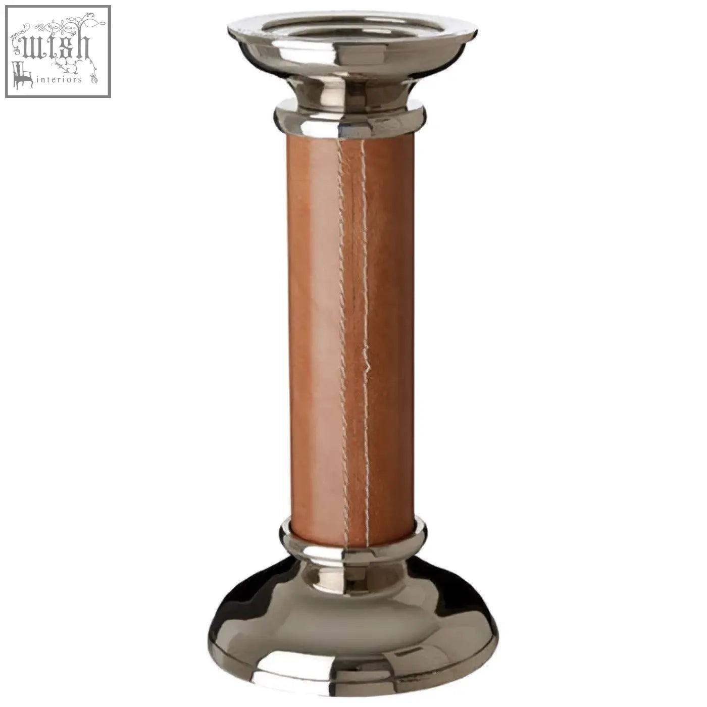 Churchill genuine tan leather large candle holder with polished silver base and tan leather wrapped column