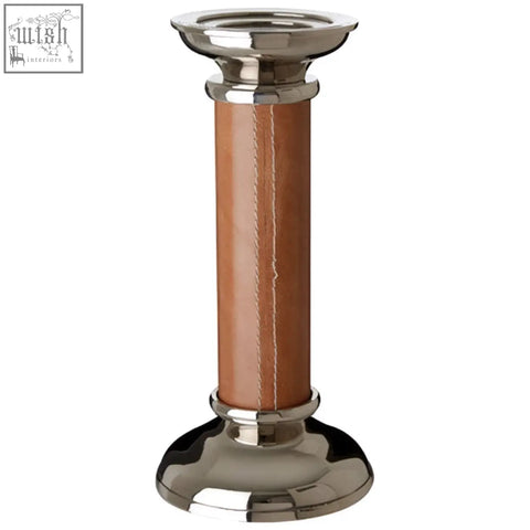 Churchill genuine tan leather large candle holder with polished silver base and tan leather wrapped column