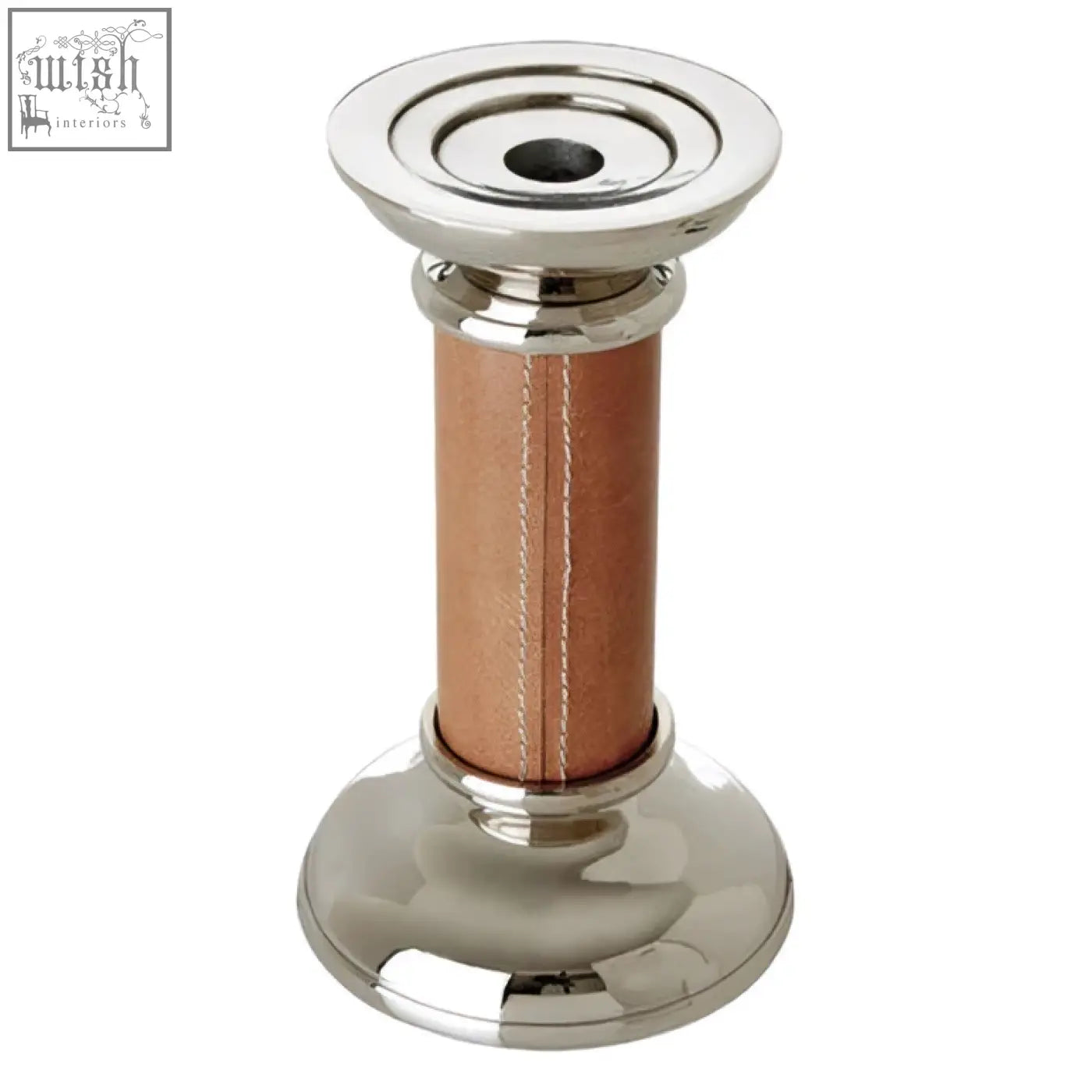 Shiny silver candle holder with genuine tan leather copper-colored wrapped central column by churchill