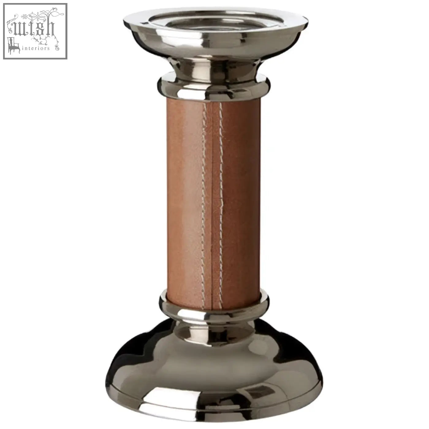 Silver candle holder with genuine tan leather wrapped column and polished metal accents by churchill