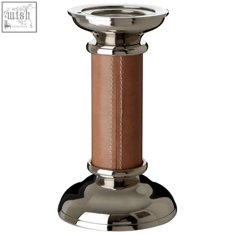 Silver candle holder with genuine tan leather wrapped column and polished metal accents by churchill