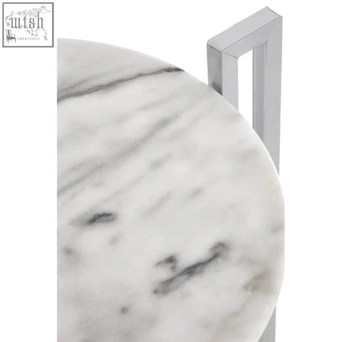 Cibal white marble side table with sleek circular white marble top and subtle grey veining on chrome base