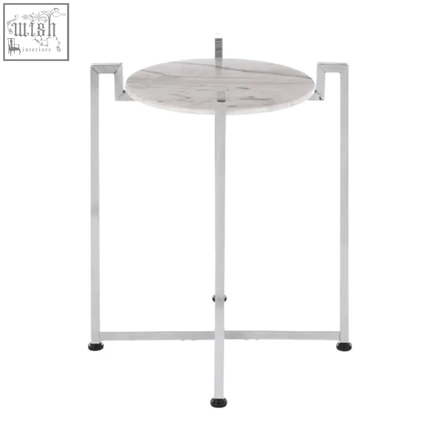 A cibal white marble side table with round white marble top featuring subtle grey veining and chrome base legs