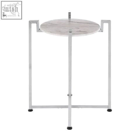 A cibal white marble side table with round white marble top featuring subtle grey veining and chrome base legs