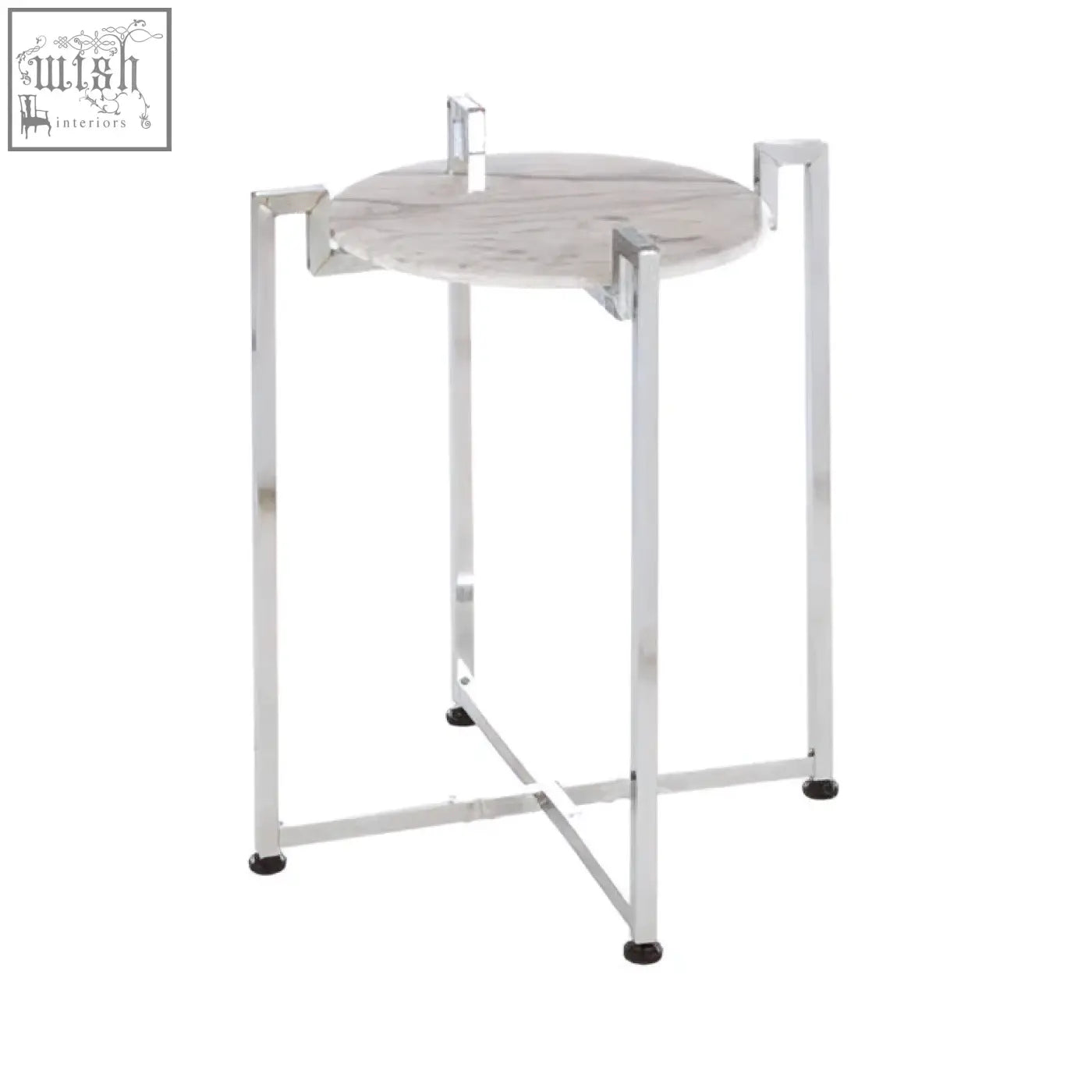 A sleek cibal white marble side table with grey veining and slender chrome legs perfect for any modern space