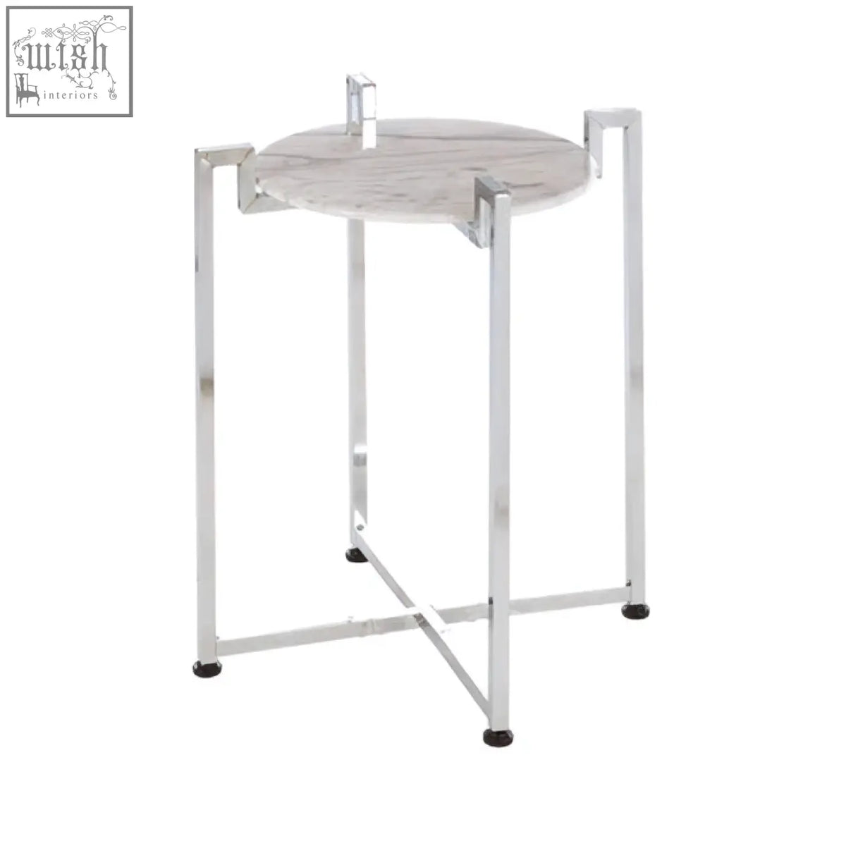 A sleek cibal white marble side table with grey veining and slender chrome legs perfect for any modern space