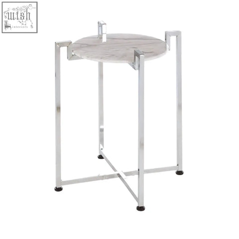 A sleek cibal white marble side table with grey veining and slender chrome legs perfect for any modern space