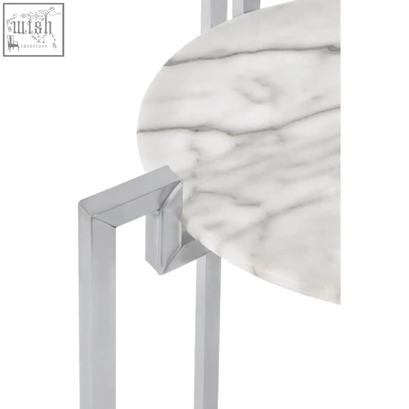 Cibal white marble side table with sleek chrome legs and white marble top featuring subtle grey veining