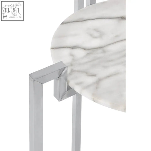 Cibal white marble side table with sleek chrome legs and white marble top featuring subtle grey veining