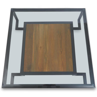 Modern square cibo coffee table with warm brown wooden top, black metal frame, and clear glass panels with shelf