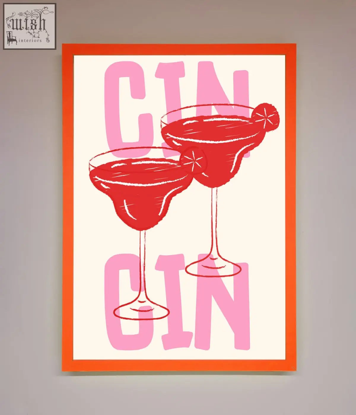 A vibrant orange-framed cin cin framed print featuring two red gin cocktails with pink lettering perfect for home bar decor