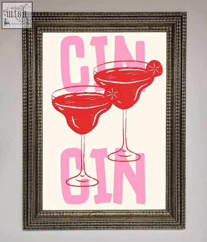 A cin cin framed print featuring two red gin cocktails and pink lettering on a cream background