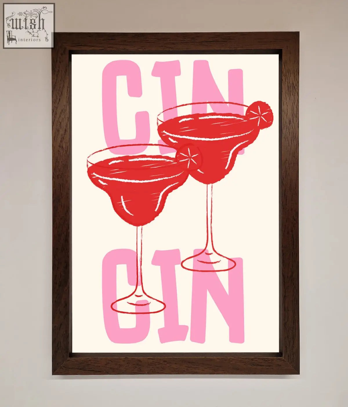 A cin cin framed print showing two red gin cocktails with pink lettering in a stylish art print design