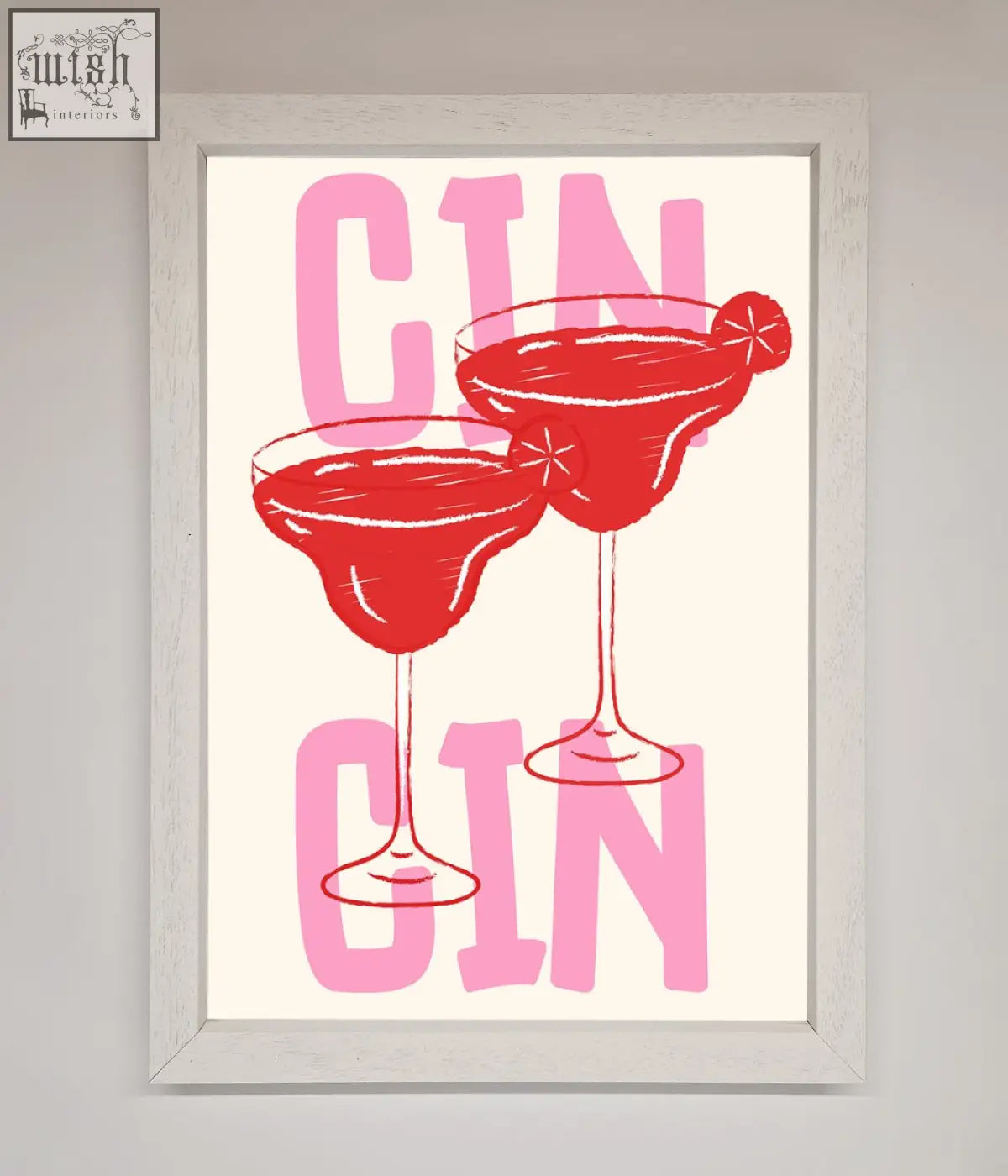 A cin cin framed print featuring two red gin cocktails in martini glasses with pink gin lettering above and below